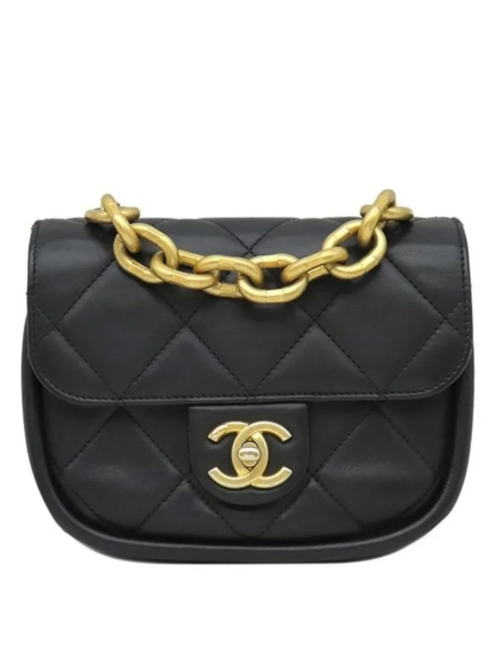 Chanel Shoulder Bag CC Logo Mini Chain Calfskin Black Gold